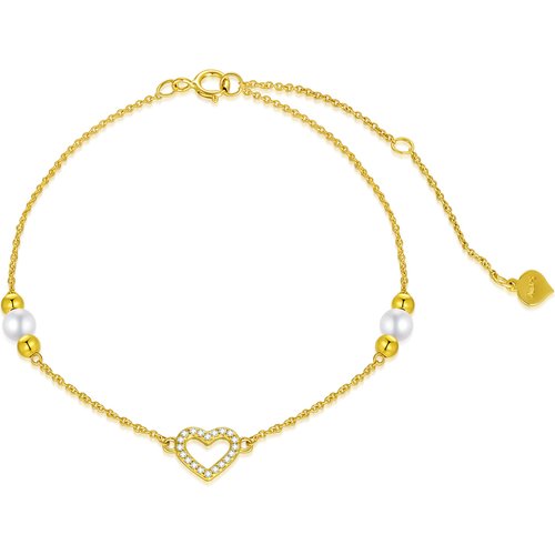 14K Gold Cubic Zirconia & Pearl Heart Charm Bracelet