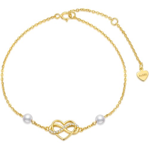 14K Gold Pearl With Cubic Zirconia Heart Infinity Symbol Charm Bracelet For Women