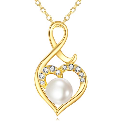 14K Gold Cubic Zirconia & Pearl Heart & Infinity Symbol Pendant Necklace