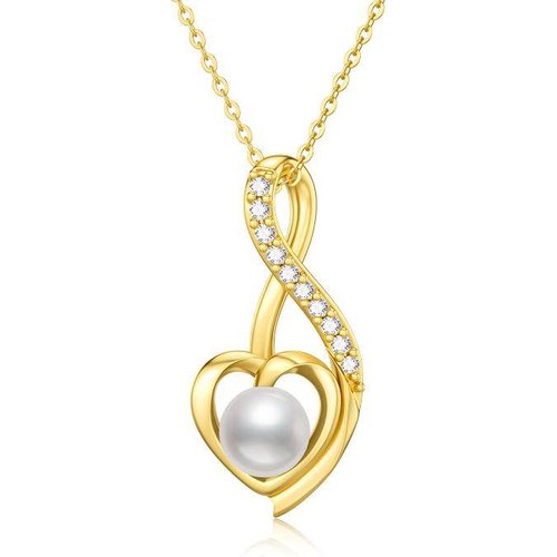 14K Gold Pearl Heart & Ribbon Pendant Necklace
