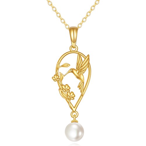 14K Gold Pearl Hummingbird & Wildflowers Pendant Necklace