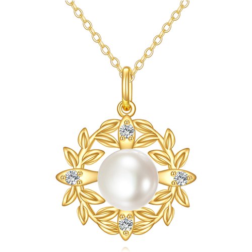 14K Gold Cubic Zirconia & Pearl Leaves Pendant Necklace
