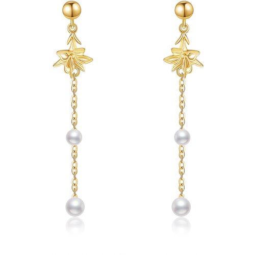 14K Gold Pearl Lily Drop Earrings