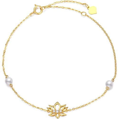 14K Gold Pearl Lotus Charm Bracelet