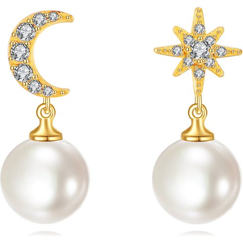 14K Gold Cubic Zirconia & Pearl Moon & Star Drop Earrings