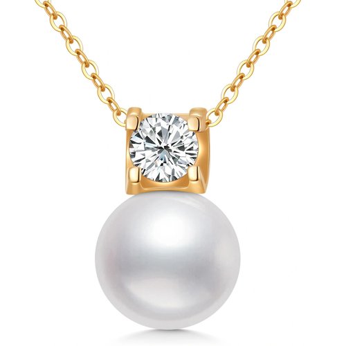 14K Gold Pearl Pendant Necklace with Princess Cut Moissanite