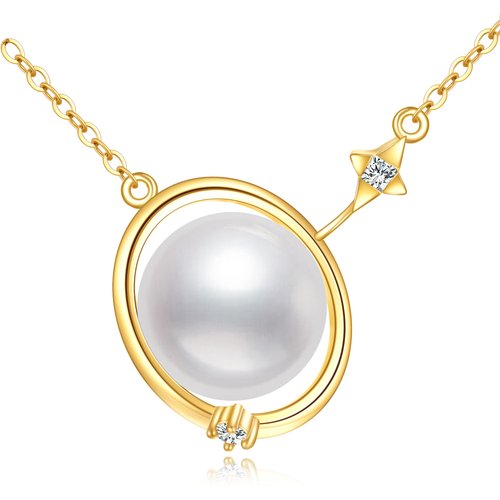 14K Gold Pearl Planet Pendant Necklace with 5A Austria Zircon