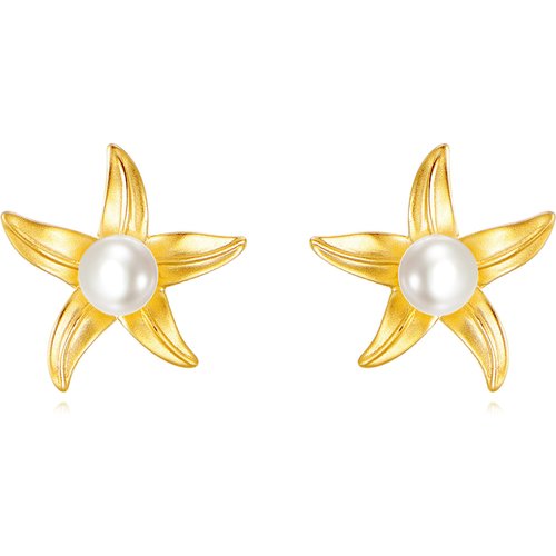 14K Gold Pearl Starfish Stud Earrings