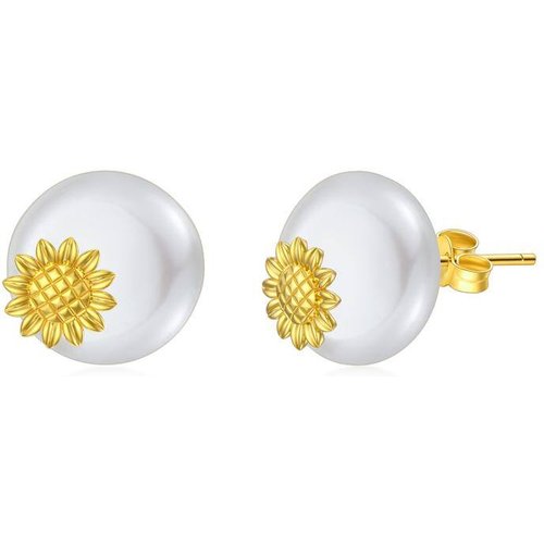 14K Gold Pearl Sunflower Stud Earrings
