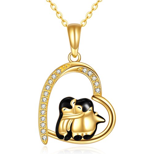14K Gold Cubic Zirconia Penguin & Heart Pendant Necklace