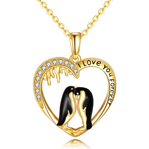 14K Gold Cubic Zirconia Penguin Lover & Heart Pendant Necklace
