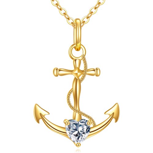 14K Gold Personalized Birthstone Anchor Cross Necklace for Women