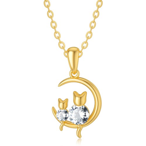 14K Gold Personalized Birthstone Cat Moon Necklace for Women