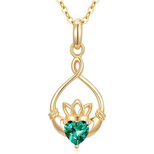 14K Gold Cubic Zirconia Personalized Birthstone & Claddagh Pendant Necklace