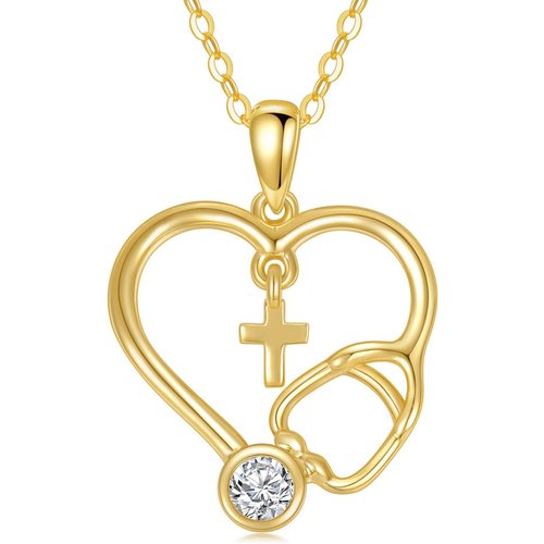 14K Gold Personalized Birthstone Cross Heart Stethoscope Necklace for Women