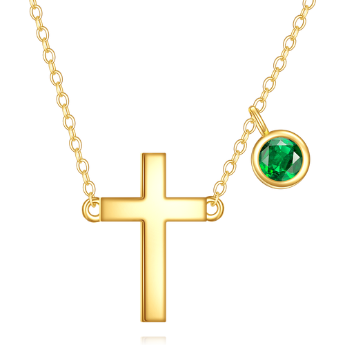 14K Gold Cubic Zirconia Personalized Birthstone & Cross Pendant Necklace