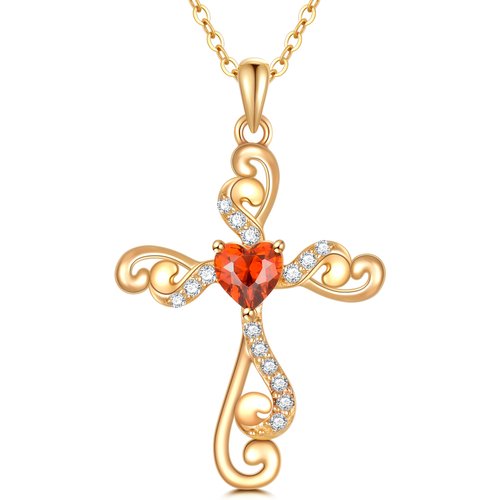 14K Gold Personalized Birthstone Ivy Cross Heart Necklace for Women