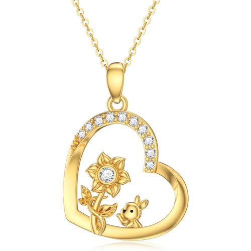 14K Gold Personalized Birthstone Rabbit Sunflower Heart Necklace for Women