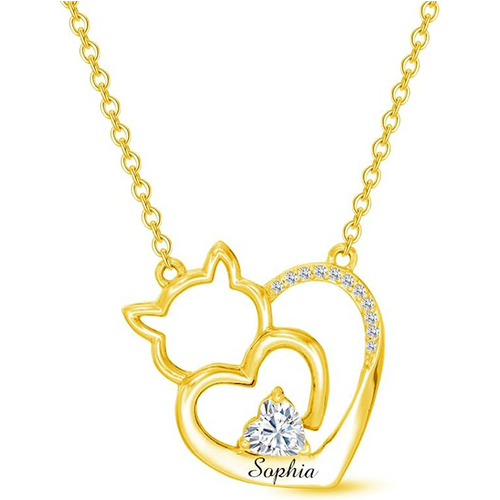14K Gold Cubic Zirconia Personalized Classic Name Cat Pendant Necklace