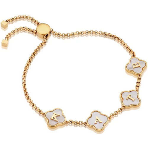 14K Gold Personalized Initial Flowers Charm Bracelet for Women