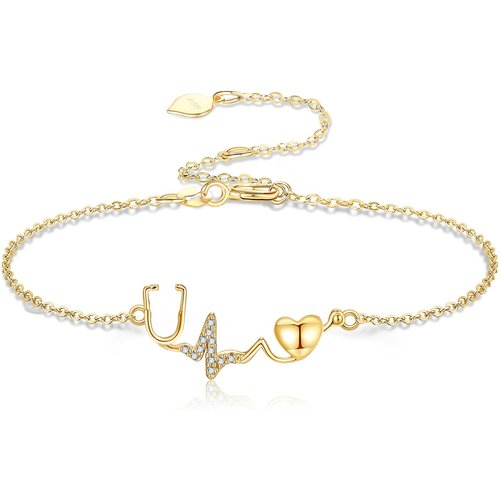 14K Gold Cubic Zirconia Personalized Initial Letter & Stethoscope Bracelet for Women