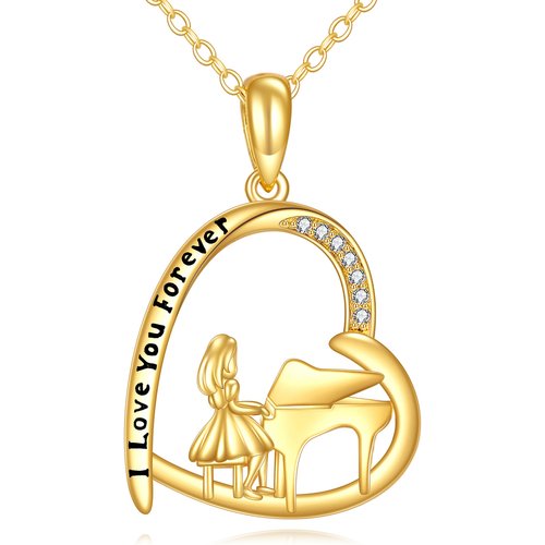 14K Gold Cubic Zirconia Piano Girl Pendant Necklace