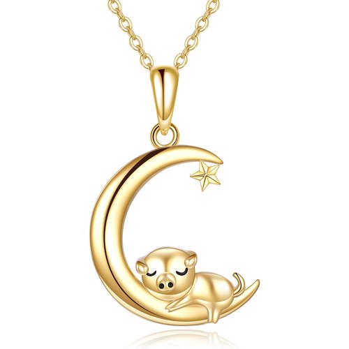 14K Gold Pig & Moon Pendant Necklace