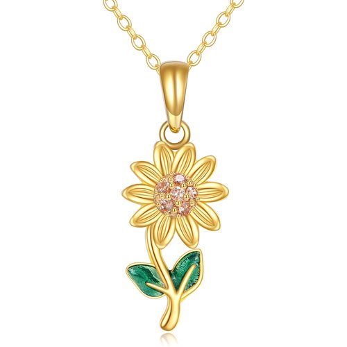 14K Gold Pink Cubic Zirconia Sunflower Pendant Necklace