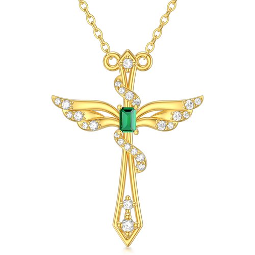 14K Gold Princess-square Shaped Emerald Angel Wing & Cross Pendant Necklace