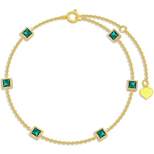 14K Gold Princess-square Shaped Emerald Charm Bracelet