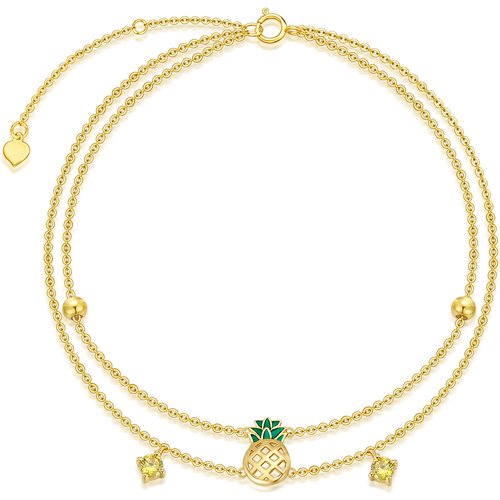 14K Gold Princess-square Shaped Cubic Zirconia Pineapple Multi-layered Anklet