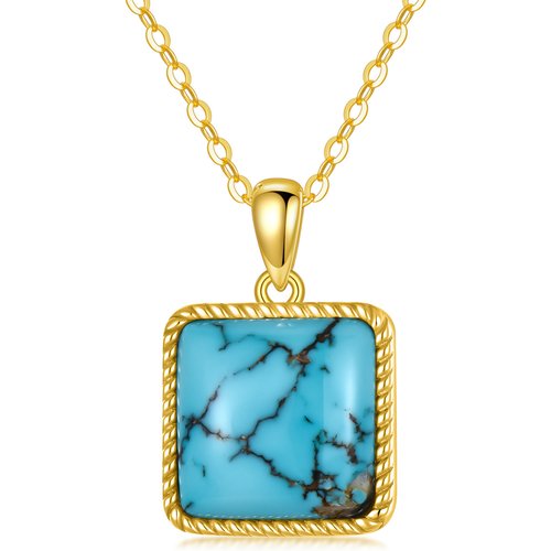 14K Gold Princess-square Shaped Turquoise Pendant Necklace