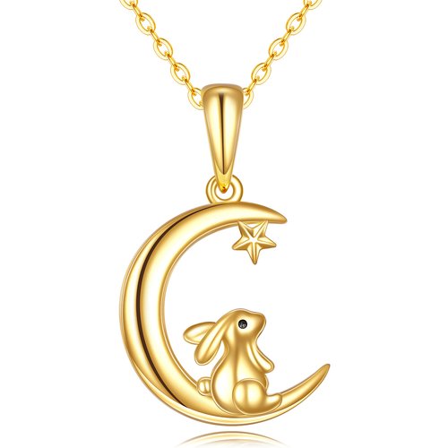 14K Gold Rabbit & Moon Pendant Necklace