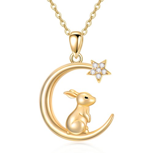 14K Gold Rabbit & Crescent Moon Star Pendant Necklace