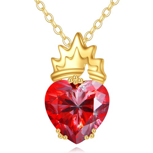 14K Gold Red Heart Moissanite Crown Pendant Necklace