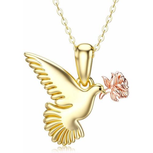 14K Gold With Rose Gold Plated Bird Rose Pendant Necklace For Women