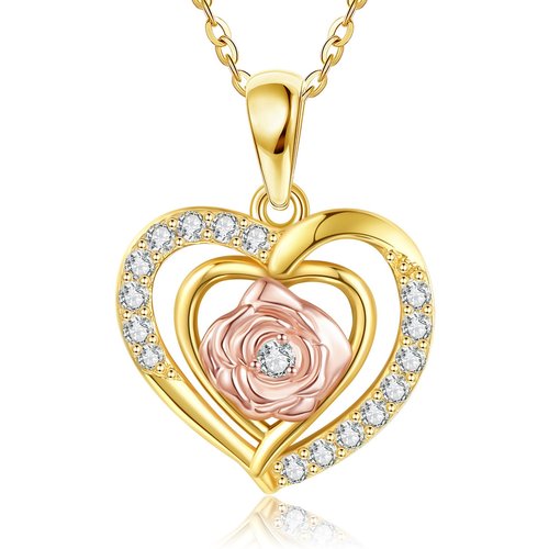 14K Two-Tone Circular Moissanite Rose With Heart Pendant Necklace For Women