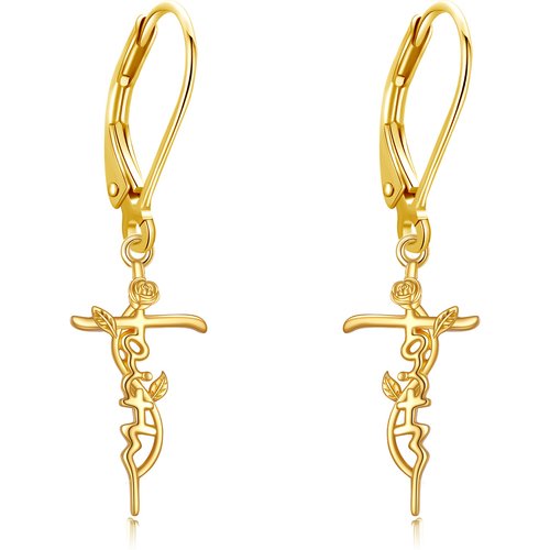 14K Gold Rose & Cross Lever-back Earrings