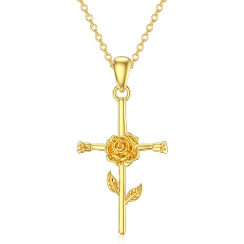 14K Gold Rose & Cross Pendant Necklace