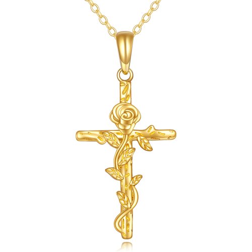 14K Gold Rose and Cross Pendant Necklace