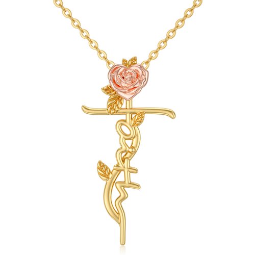 14K Gold & Rose Gold Rose And Cross Pendant Necklace For Women