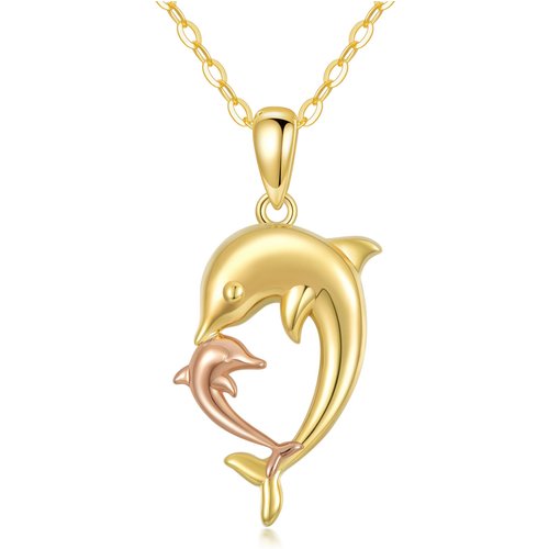 14K Gold Two-Tone Dolphins Pendant Necklace For Women