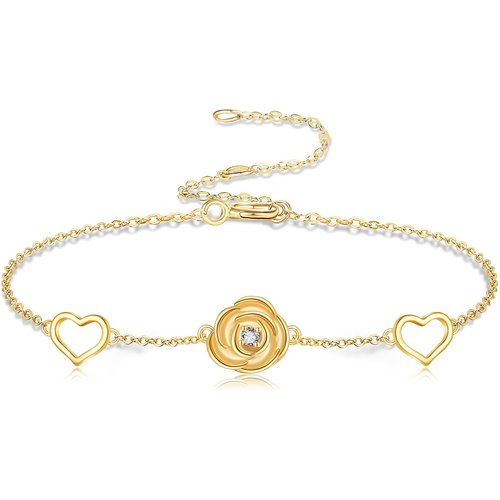 14K Gold Cubic Zirconia Rose & Heart Charm Bracelet