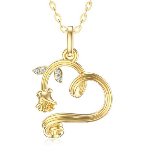 14K Gold Rose & Heart Pendant Necklace