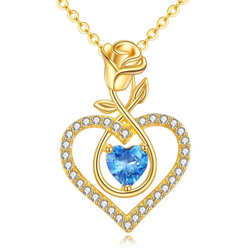 14K Gold Cubic Zirconia Rose & Heart Pendant Necklace