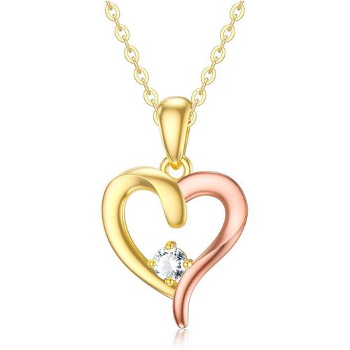 14K Solid Gold Two-Tone Heart Pendant Necklace With Moissanite