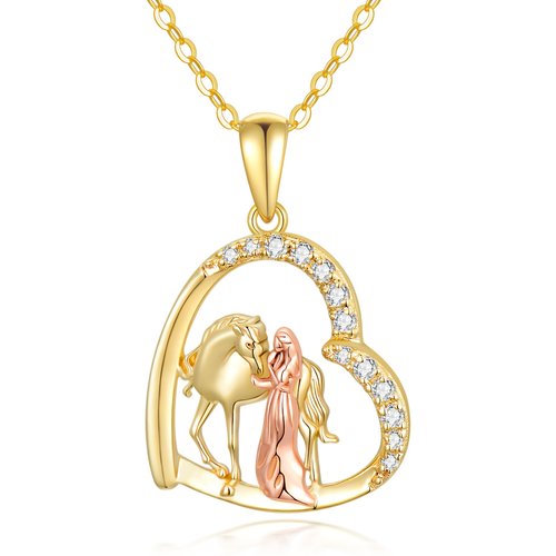 14K Gold & Rose Gold Heart Cubic Zirconia Horse Pendant Necklace For Women Best Friends