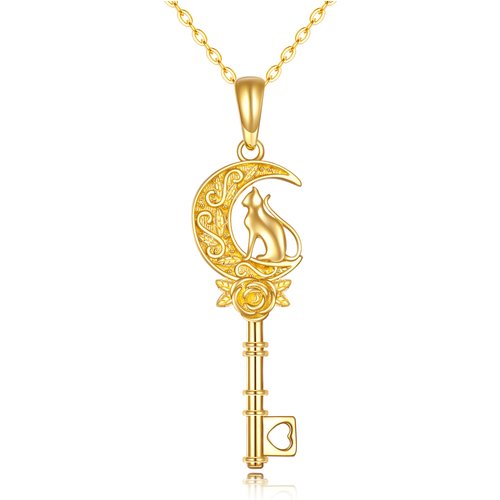 14K Gold Rose Key And Moon Pendant Necklace For Women