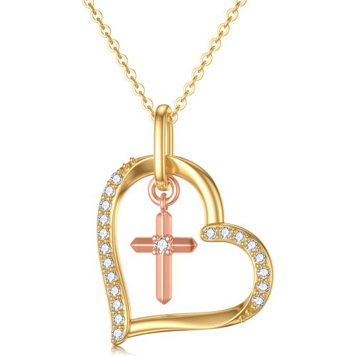 14K Gold Two-Tone Moissanite Cross Pendant Necklace For Women
