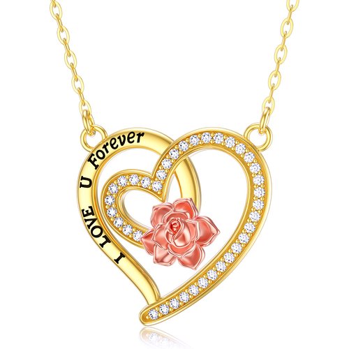 14K Gold Two-Tone Moissanite Rose Heart With Heart Pendant Necklace With Engraved Word For Women